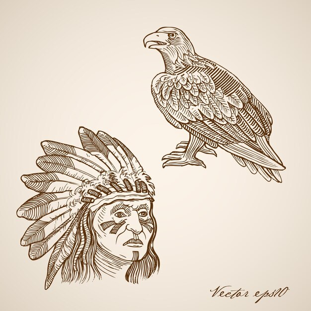 Engraving vintage hand drawn Indian and hawk head