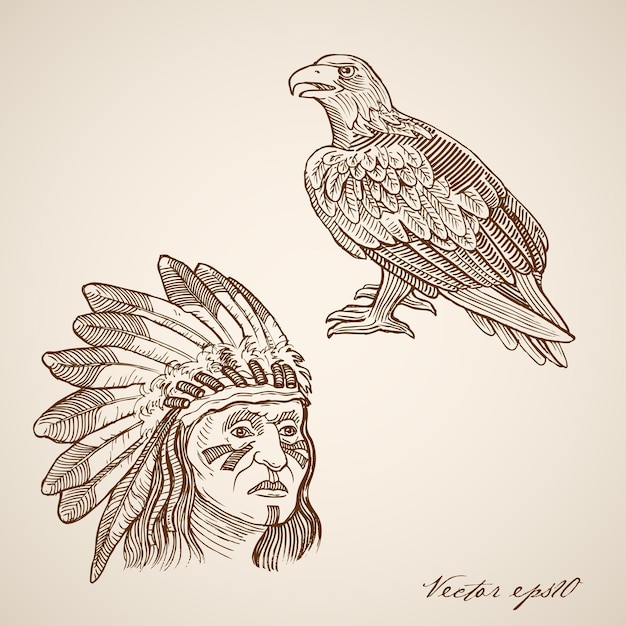 Гравировка старинных рисованной головы индейца и ястреба