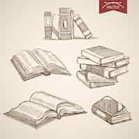 Free vector engraving vintage hand drawn  library open, close books collection.