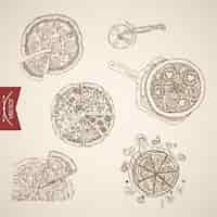 Free vector engraving vintage hand drawn  pizza bbq, margherita, veronese, napoletana collection. pencil sketch food illustration.