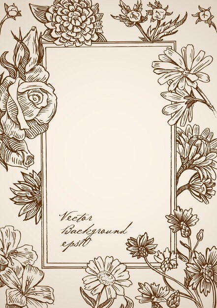 Engraving vintage hand drawn rectangular frame with floral elements