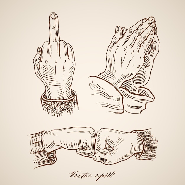 Бесплатное векторное изображение Гравюра старинные рисованной сигналы рук