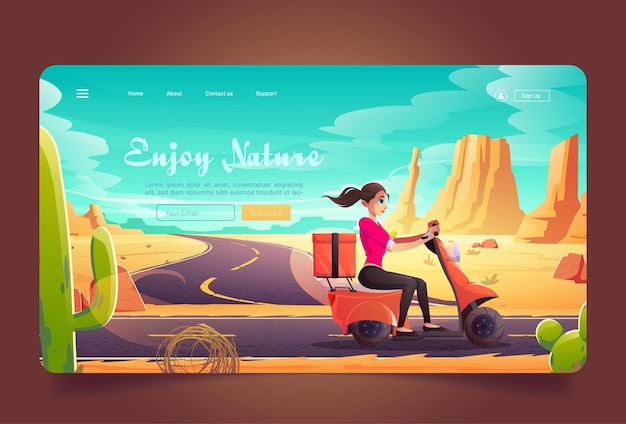 Goditi il banner della natura con una ragazza in scooter su strada nel deserto. pagina di destinazione vettoriale con paesaggio desertico di sabbia dei cartoni animati con montagne, cactus, tumbleweed e autostrada. la donna viaggia in moto