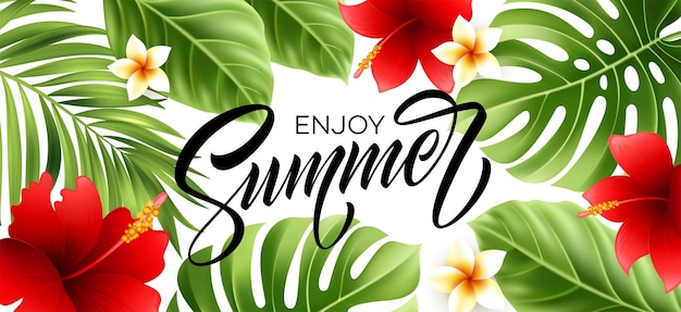 Enjoy summer poster with tropical palm leaf and handwriting lettering.