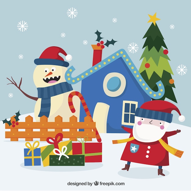 Free vector enjoyable santa claus background with gifts and snowman