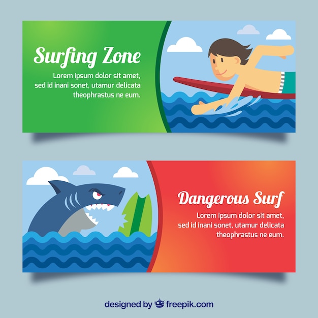 Enjoyable surf banners with a surfer and a shark