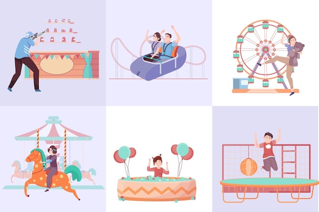 Free vector entertainment set of six square compositions with flat images of happy people riding amusement park facilities vector illustration