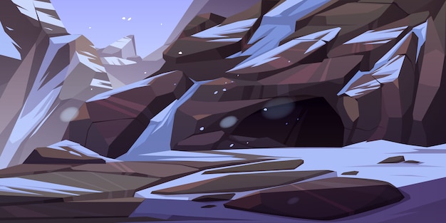 Бесплатное векторное изображение Вход в пещеру в горах со льдом и снегом на скалах вокруг. грот, скрытый подземный туннель или пещера, зимний природный пейзаж