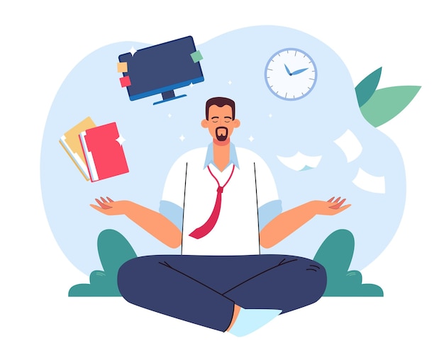 Entrepreneur sitting in lotus pose and meditating. computer and book under businessman head flat vector illustration. office worker relaxing after busy day. concentration, zen, work concept Premium Vector