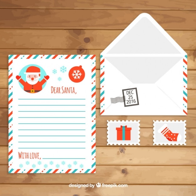 Envelope with santa claus letter and stamps