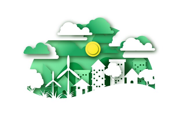 都市と風車のある紙風の環境コンセプト