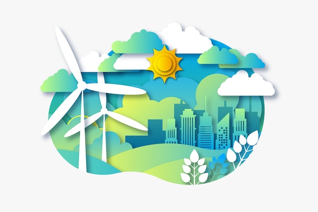 Free vector environmental concept in paper style with town and windmills