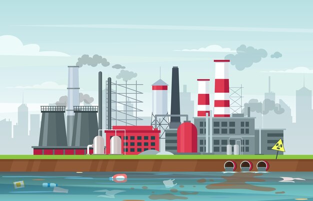 環境汚染フラットイラスト 煙 汚染ガスの排出を排出する工場の建物 大気汚染と水質汚染 産業スモッグ 廃棄物汚染 地球規模の生態学的問題 プレミアムベクター