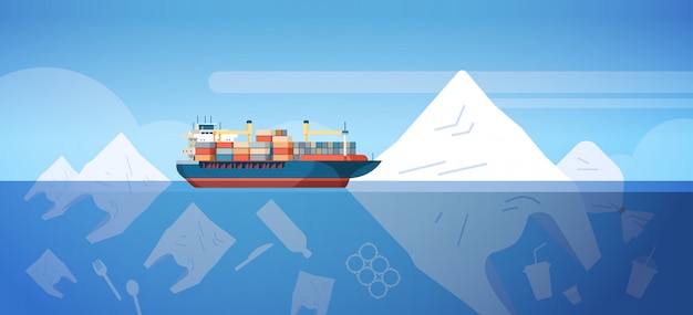 船のイラストが海のプラスチックごみ汚染 無料のベクター
