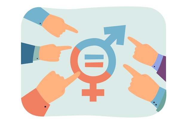 Equality gender signs surrounded by hands. Index fingers pointing at male and female symbols flat vector illustration. Society, public opinion concept for banner, website design or landing web page