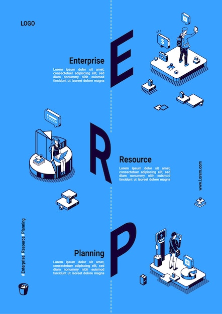 Erp, изометрический плакат по планированию ресурсов предприятия. система производительности и улучшения, концепция бизнес-интеграции анализа данных, деловые люди, работающие в офисных сценах, 3d штриховой баннер