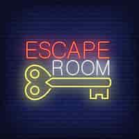 Free vector escape room neon sign. vintage key and text on brick wall . glowing banner or billboard elements.