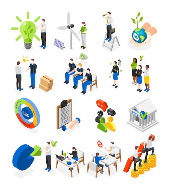 Free vector esg environmental social governance concept isometric icons set with alternative energy sources corporate policy isolated vector illustration