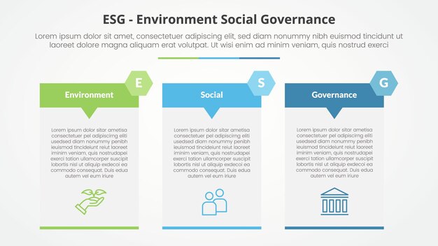Инфографическая концепция ESG-фреймворков для презентации слайдов с большим табличным стрелковым заголовком, значком с 3-точечным списком с плоским стилем