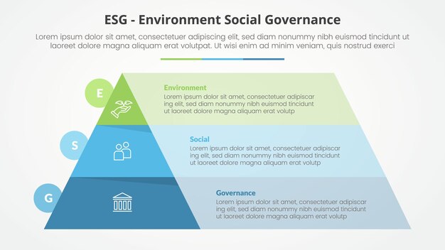 스라이드 프레젠테이션에 대한 ESG 프레임워크 인포그래픽 개념: 피라미드 및 직사각형 상자 컨테이너와 평평한 스타일의 3점 목록