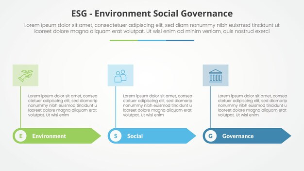 ESG frameworks infographic concept for slide presentation with rectangle arrow and banner on header top with 3 point list with flat style
