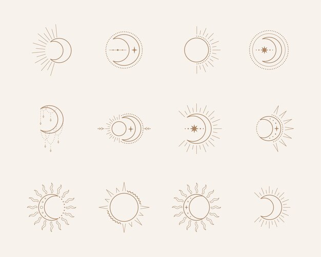 月と太陽の難解なシンボル 天体が歌います 自由奔放に生きるスタイルのイラスト プレミアムベクター