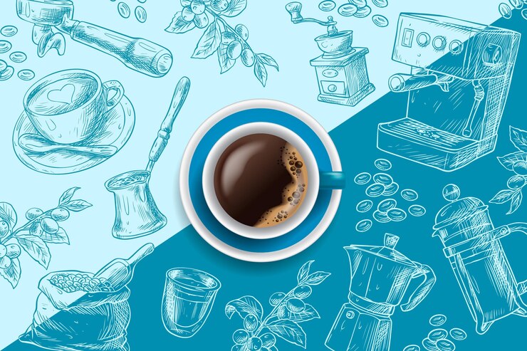 Free Vector espresso coffee cup on blue hand drawn background