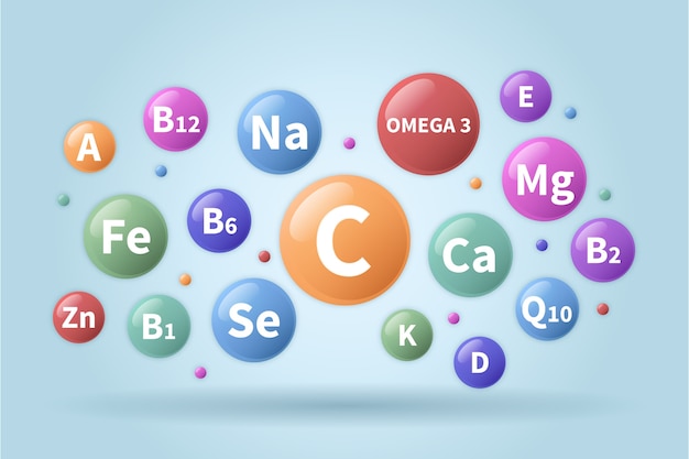 Vettore gratuito complesso essenziale di vitamine e minerali nelle bolle