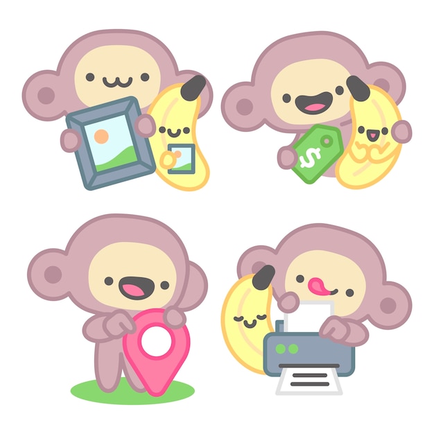 Бесплатное векторное изображение Коллекция наклейки с обезьяной и бананом.