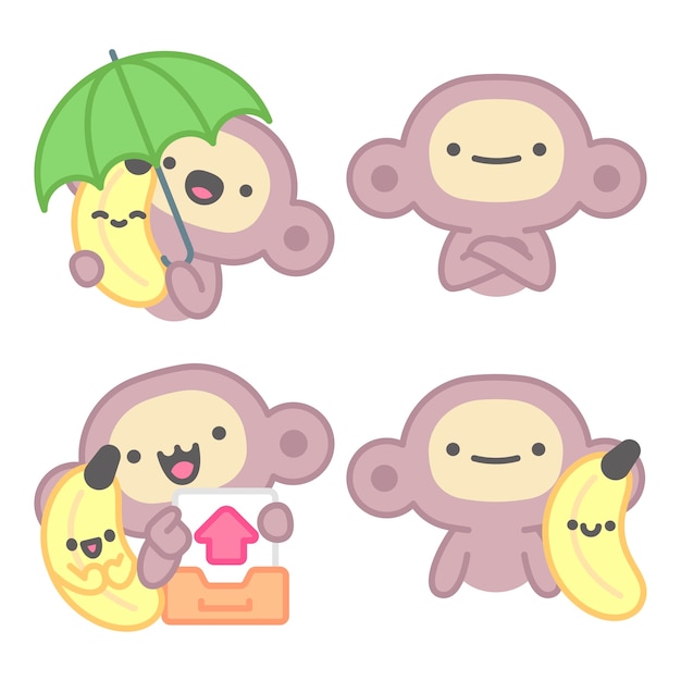 Free vector essentials stickers collection with monkey and banana