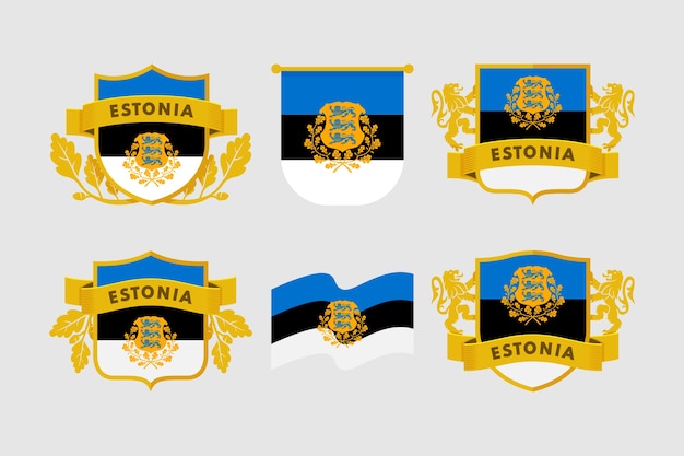 Bandiera dell'Estonia ed emblemi nazionali incastonati in uno stile piatto