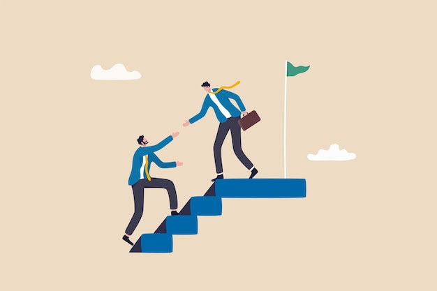 Ethical leadership help colleague to succeed and reach goal achieve target, mentorship, support or help for career success concept, businessman leader help employee climb to target at top of stair.