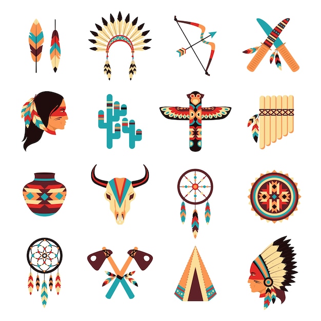 Free vector ethnic american indigenous icons set