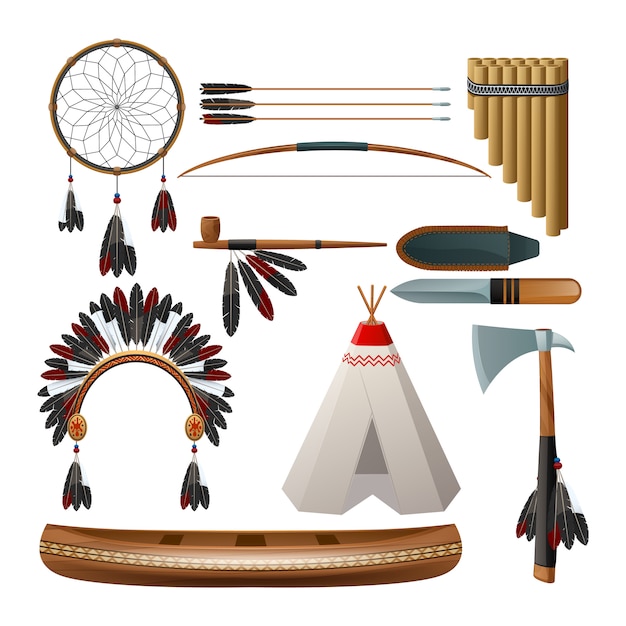 Free vector ethnic american indigenous tribal culture decorative set