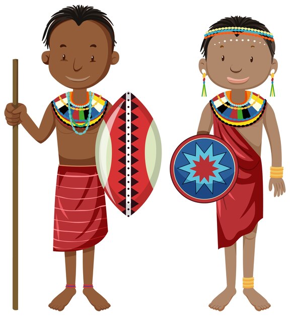 Ethnic people of African tribes in traditional clothing cartoon character