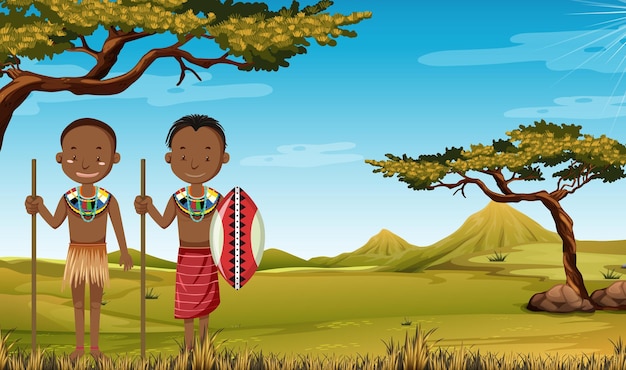 自然の背景に伝統的な服を着たアフリカの部族の民族