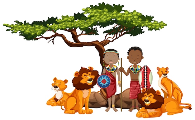 Free vector ethnic people of african tribes and wild animal