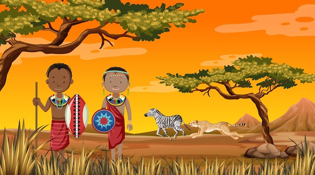無料ベクター 自然の背景に伝統的な服を着たアフリカの部族の民族