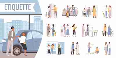 Free vector etiquette rules set of isolated compositions with flat characters of people offering homage in various situations vector illustration