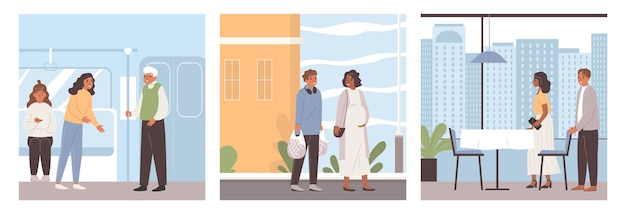 Free vector etiquette rules set with three square compositions of elderly and young people loving couple public places vector illustration