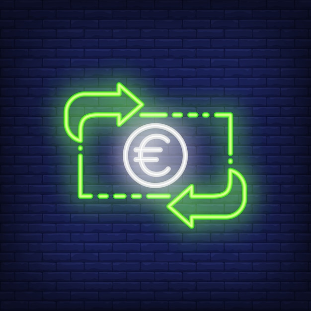 Euro exchange rate. neon style illustration. convert, income, transfer. currency banner.