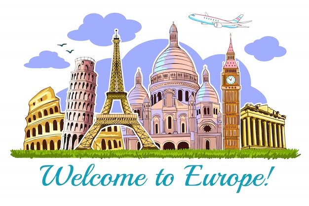 Europe buildings travel illustration card