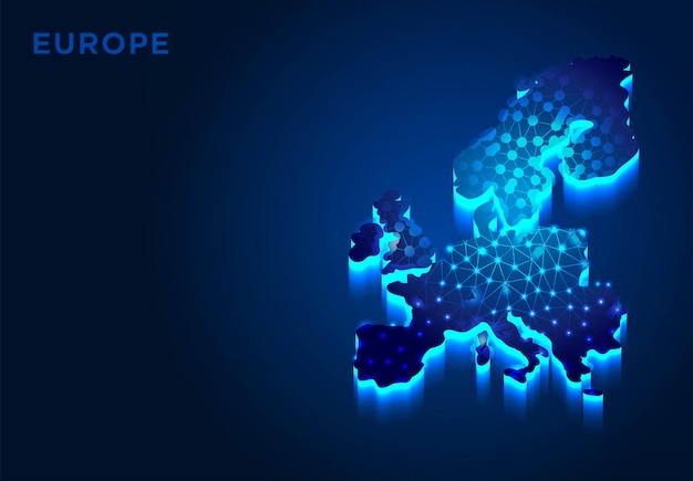 Europe Continent in Blue Silhouette Abstract Low poly Designs from line and dot wireframe Vector Illustration