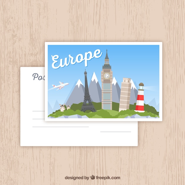Шаблон для открытки в Европе с плоским дизайном