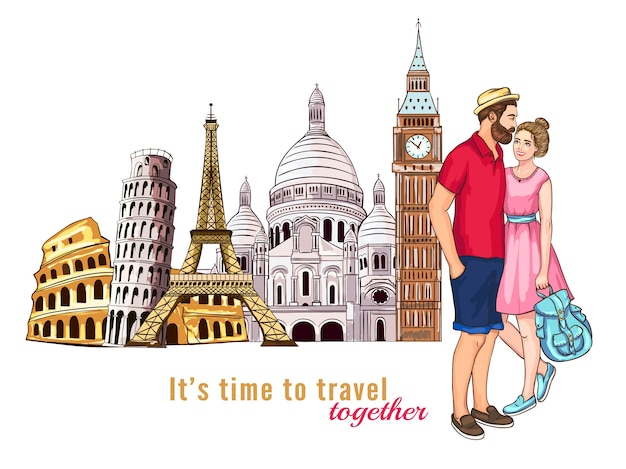 Free vector europe travel tour characters composition