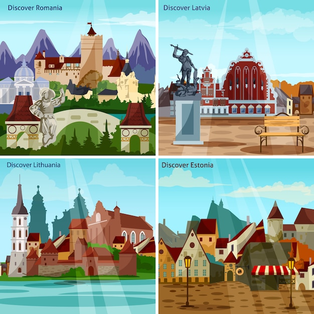 Free vector european cityscapes card set