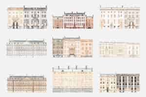 Free vector european old building vector hand drawn illustration set