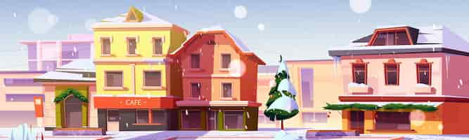 Free vector european winter street under falling snow, christmas tree and festive decor on buildings. europe city houses design. provincial town dwellings exterior, cafe and stores, cartoon vector illustration