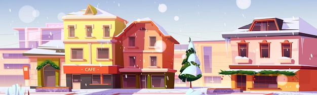 European winter street under falling snow, christmas tree and festive decor on buildings. Europe city houses design. Provincial town dwellings exterior, cafe and stores, Cartoon vector illustration