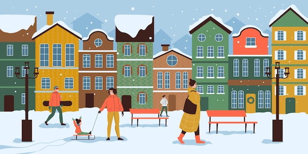 Free vector european winter town flat background with people walking and sledding near cute colorful vintage houses vector illustration